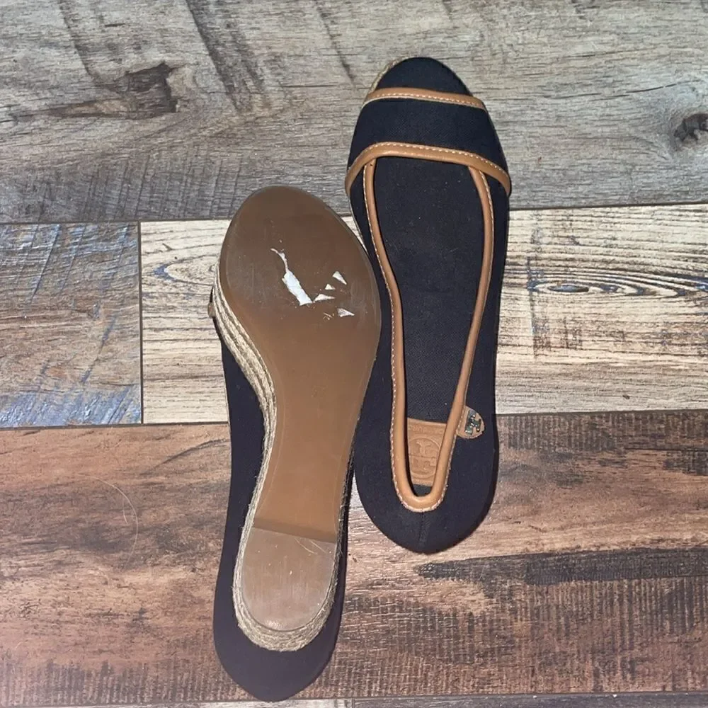 Tory Burch Black & Brown Majorca Espadrille Peep Toe Wedge